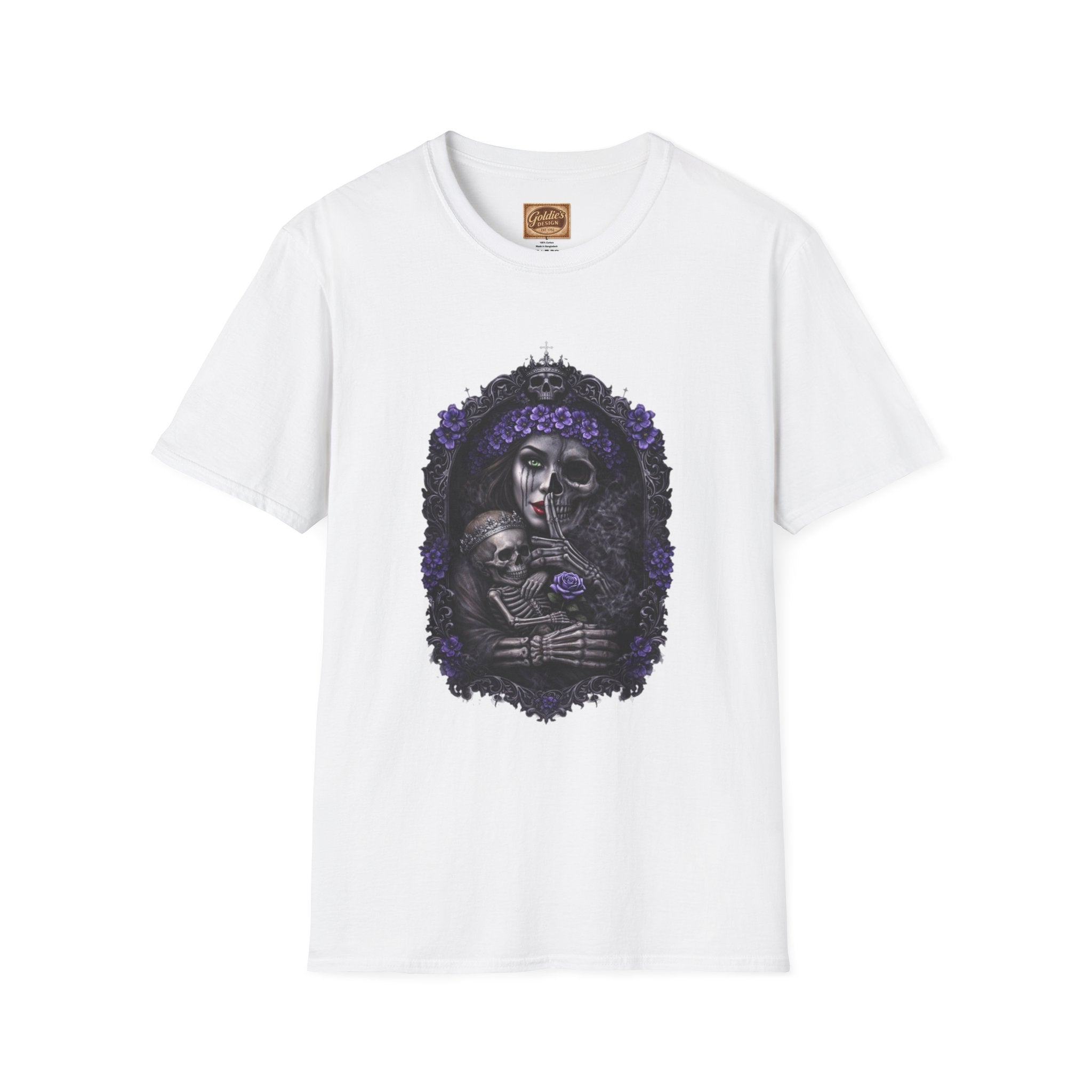 Gothic Mother & Child Skull T-Shirt — Dark Floral Day of the Dead Tee