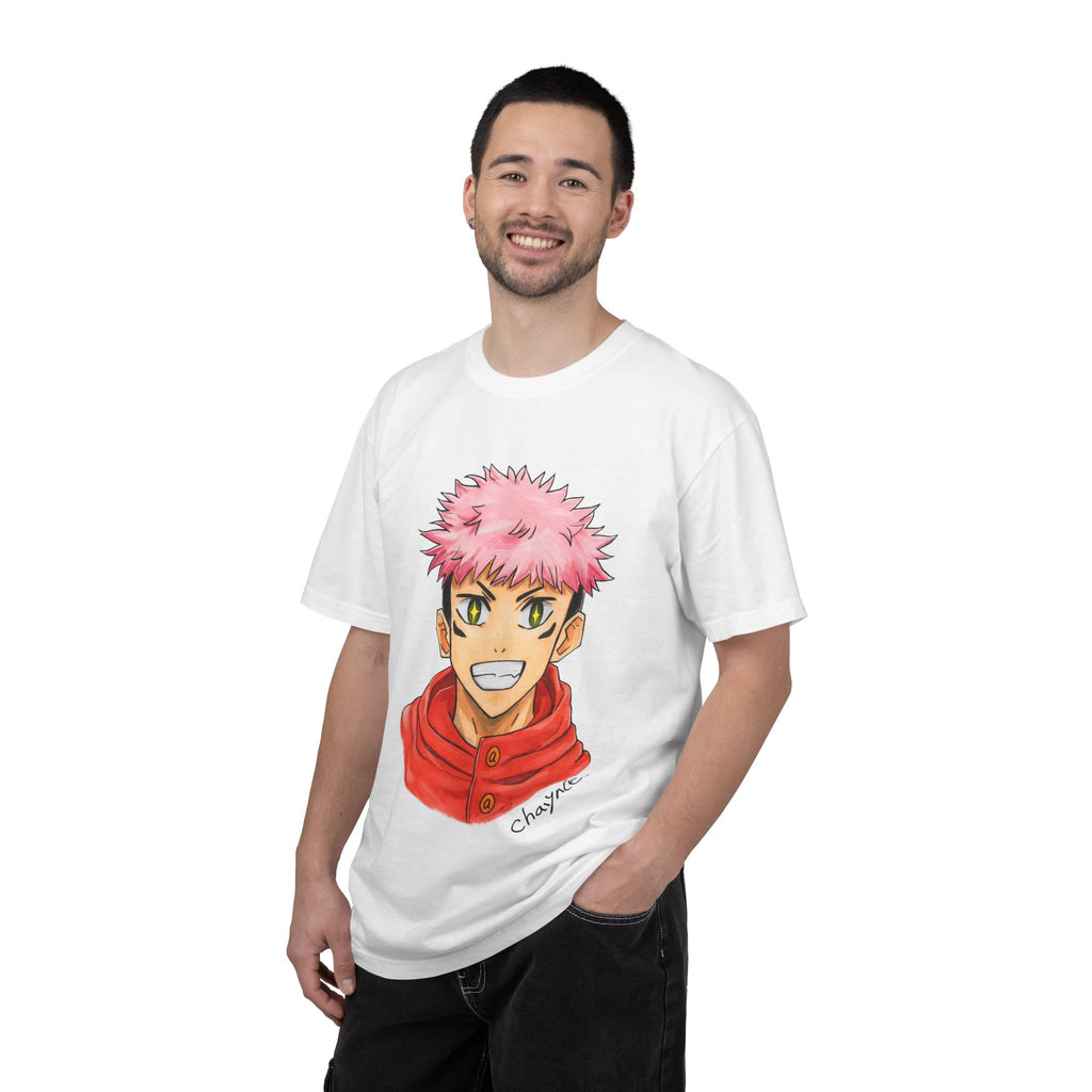 Anime Boy Portrait T-Shirt — Cheerful Pink-Haired Character Artwork
