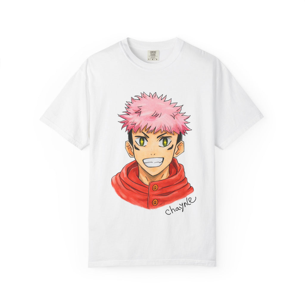 Anime Boy Portrait T-Shirt — Cheerful Pink-Haired Character Artwork