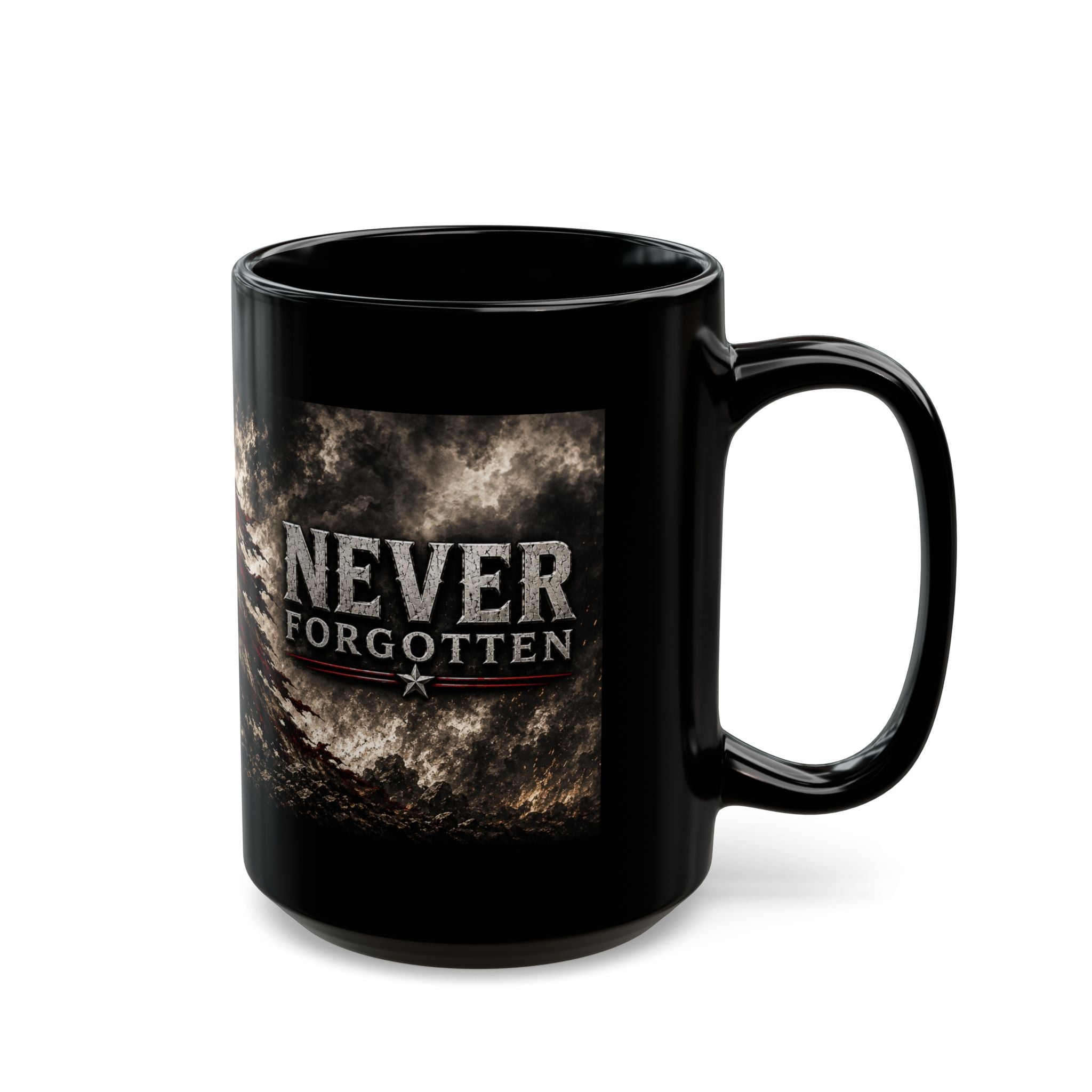 Never Forgotten Memorial Mug — Veteran Tribute Black Coffee Cup