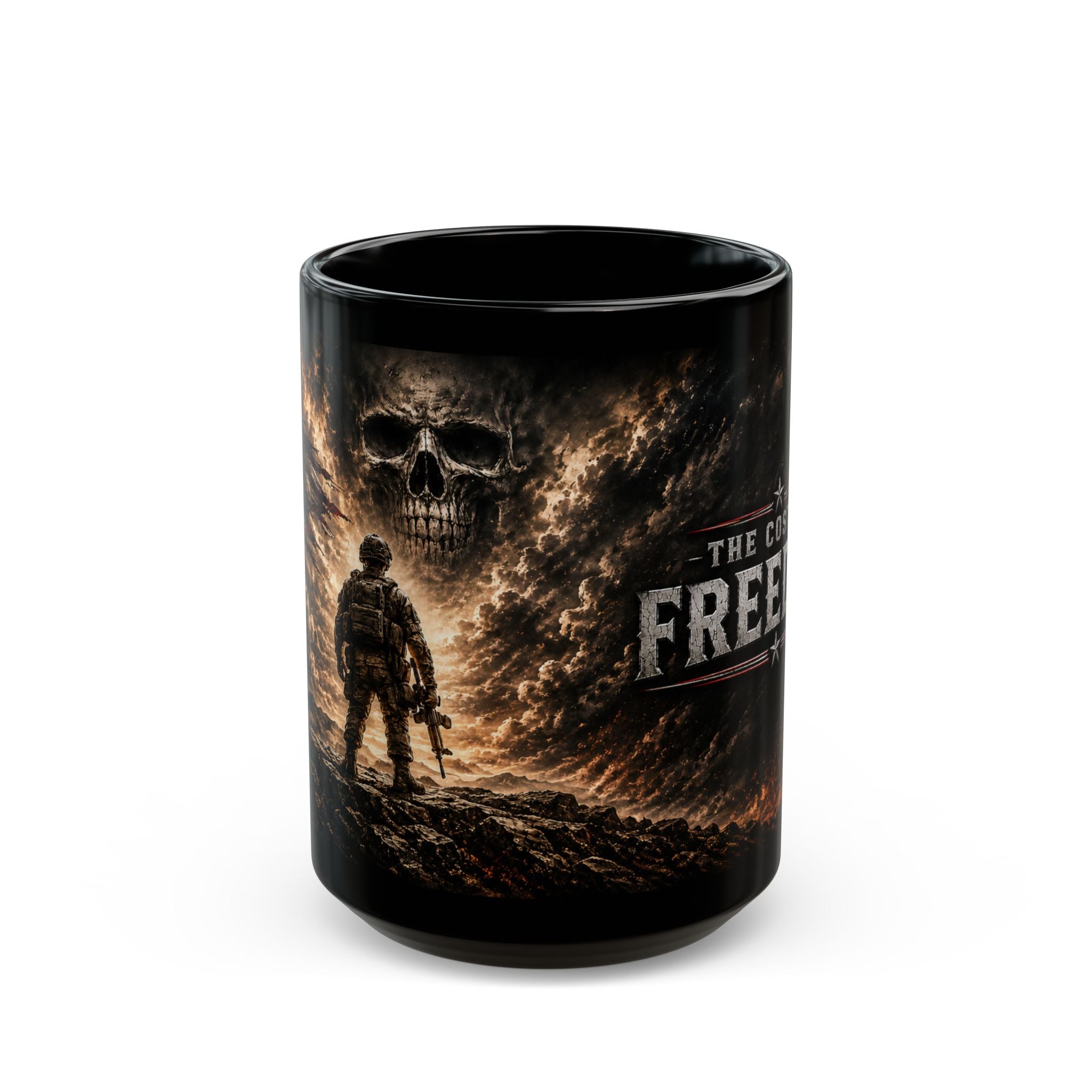 The Cost of Freedom Black Mug – Patriotic Military Skull Coffee Cup 15oz