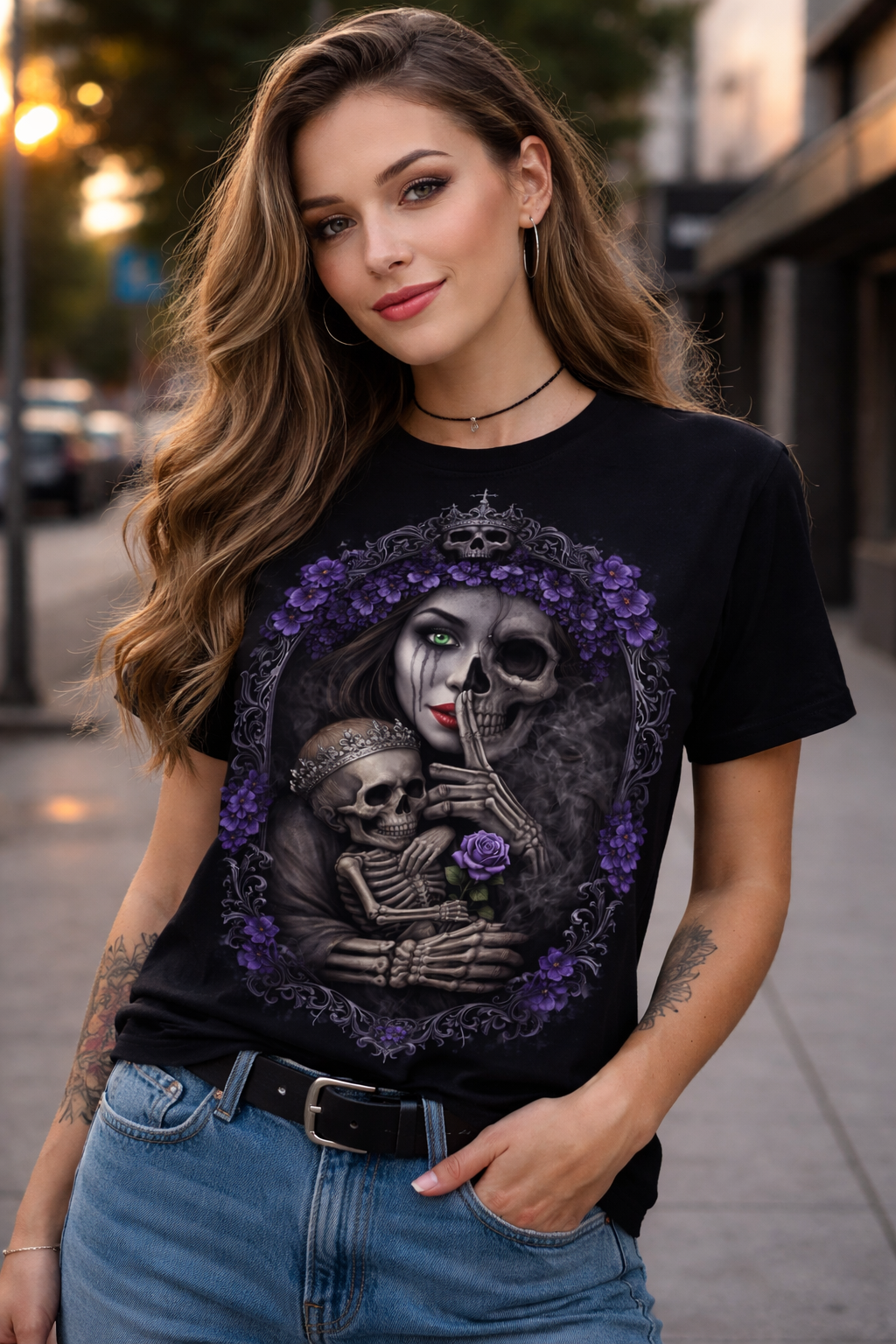 Gothic Mother & Child Skull T-Shirt — Dark Floral Day of the Dead Tee