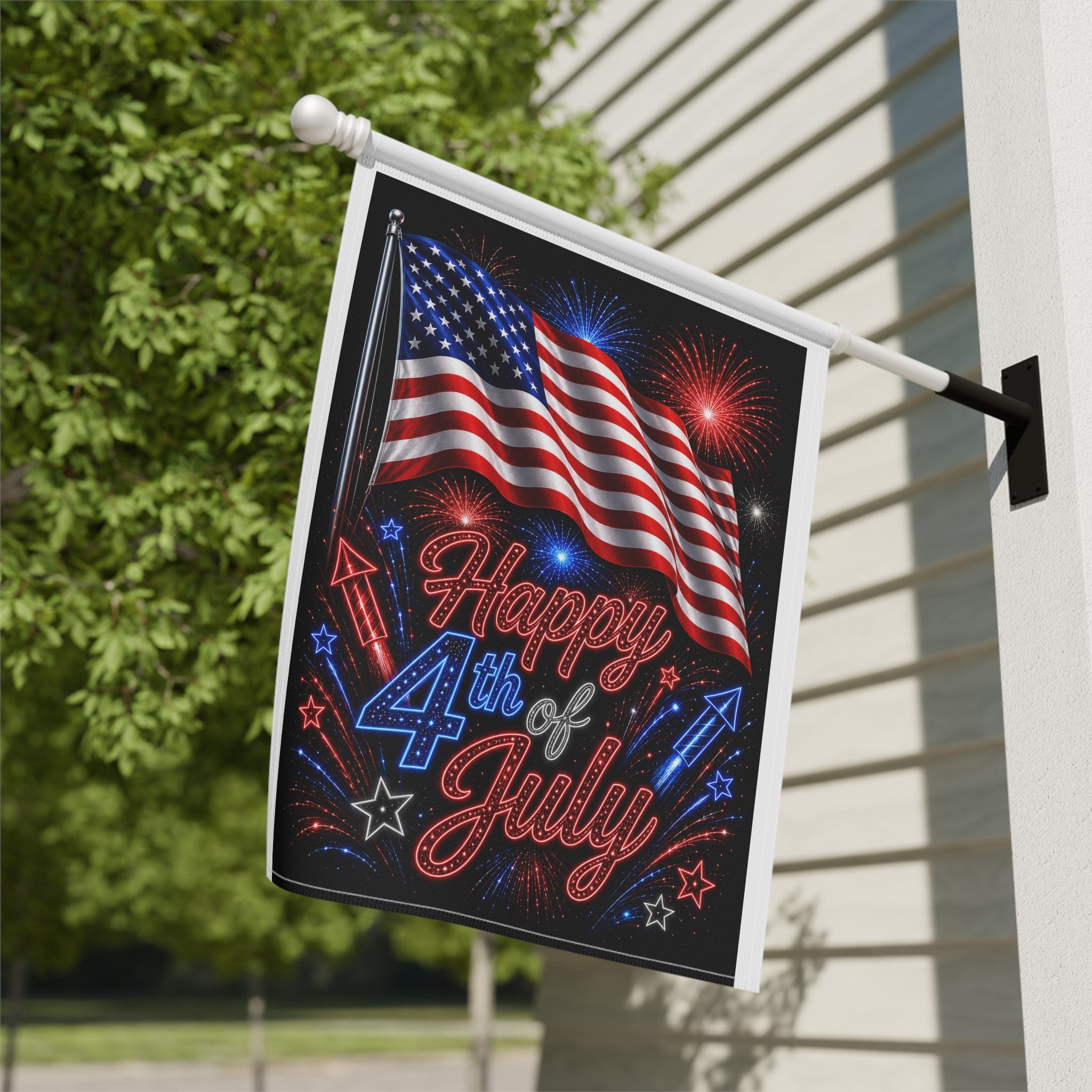 Happy 4th of July Garden Flag – American Flag Fireworks Banner