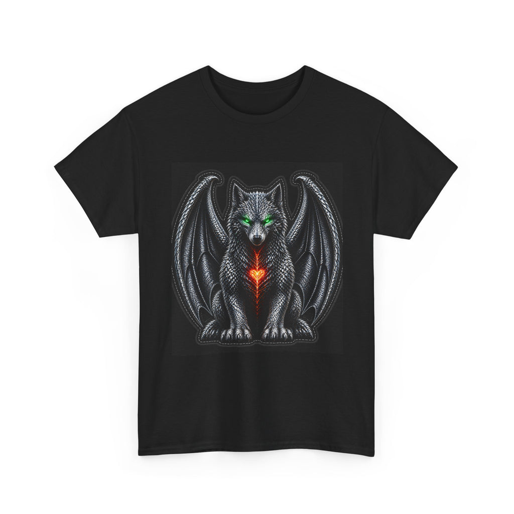 Dragon Wolf Graphic Tee — Dark Fantasy Winged Wolf with Green Eyes & Fiery Heart