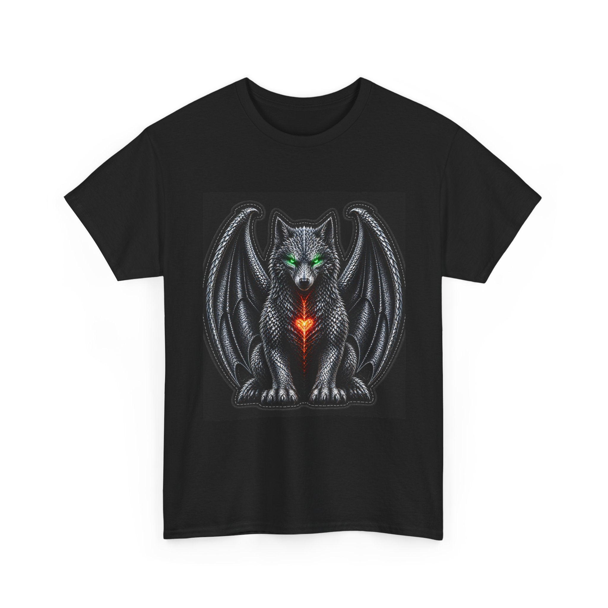 Dragon Wolf Graphic Tee — Dark Fantasy Winged Wolf with Green Eyes & Fiery Heart