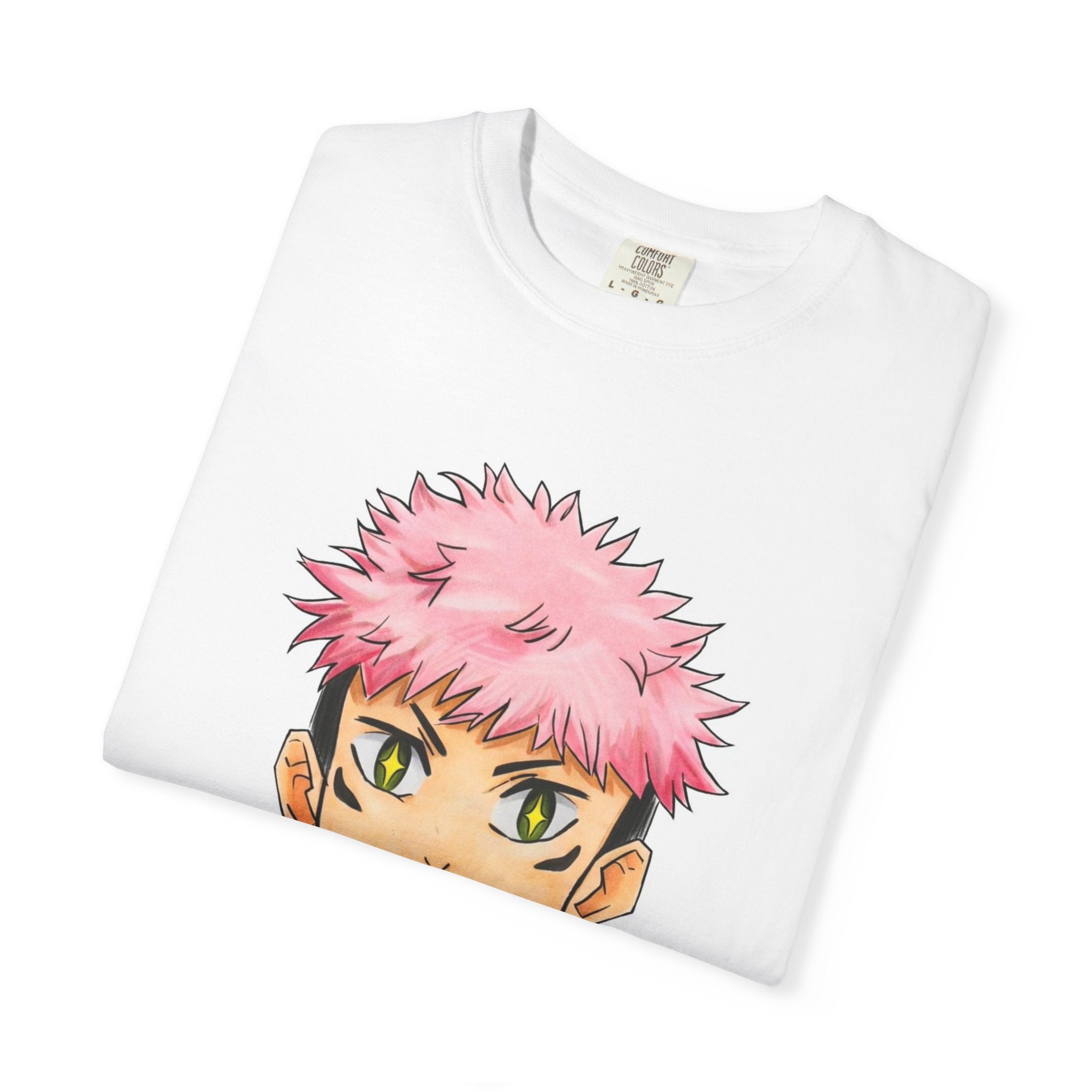 Anime Boy Portrait T-Shirt — Cheerful Pink-Haired Character Artwork