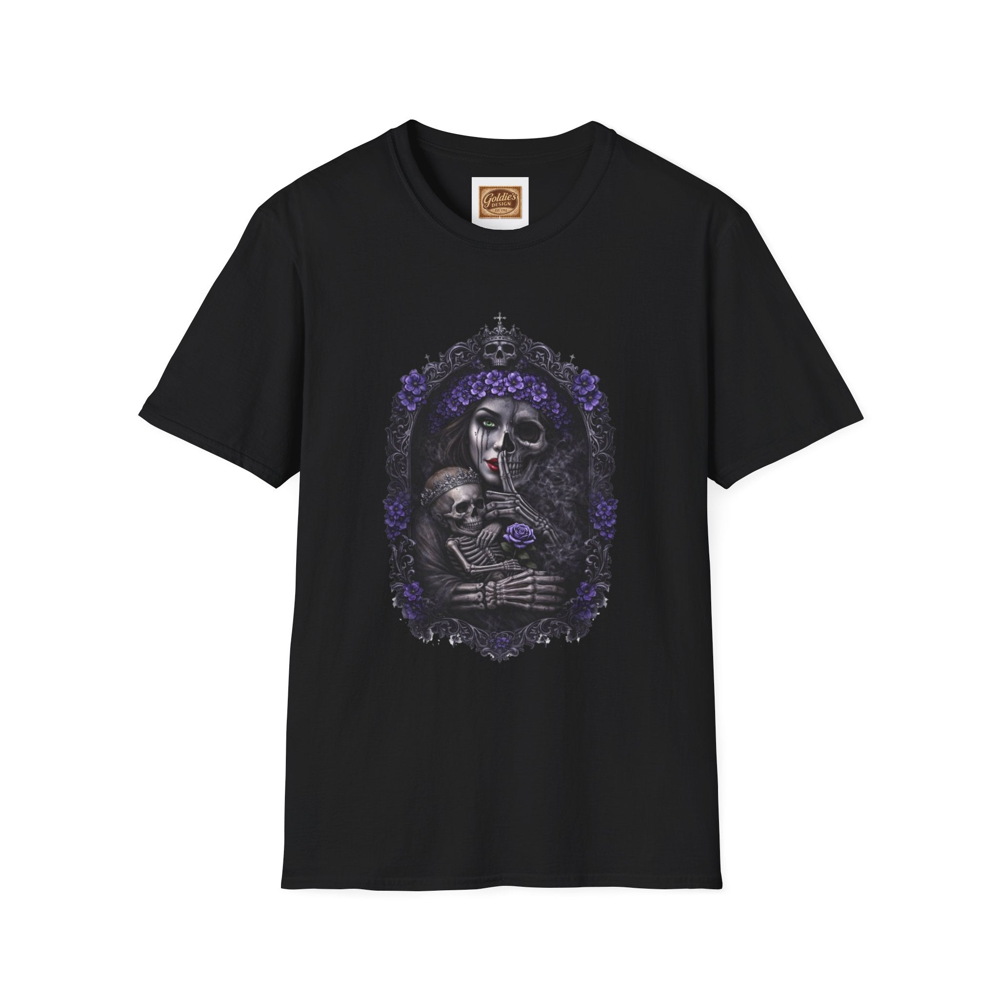Gothic Mother & Child Skull T-Shirt — Dark Floral Day of the Dead Tee